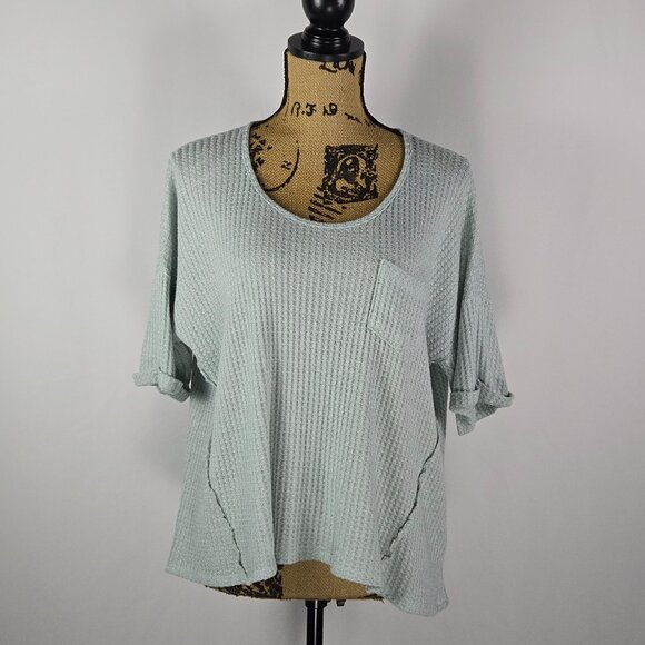 Cherish Waffle Knit Boxy Top Sage‎ Green Oversized Casual Boho Small - Picture 1 of 7